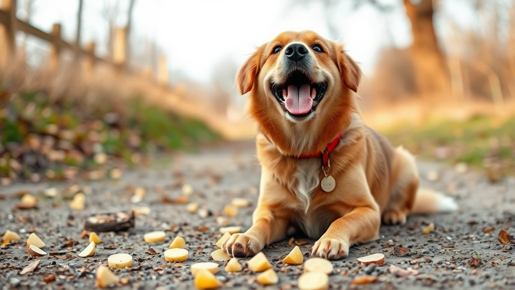potato dog -
A happy dog being trained with the leave it command near scattered potato piece