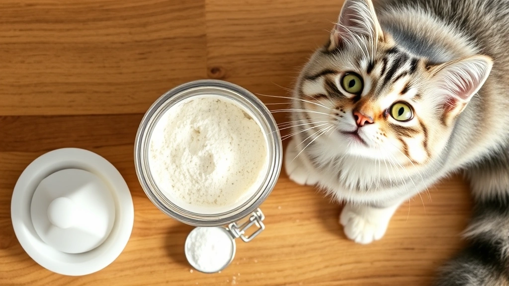 powder probiotics for cats -
Photorealistic overhead shot of an open container of probiotic powder next to a