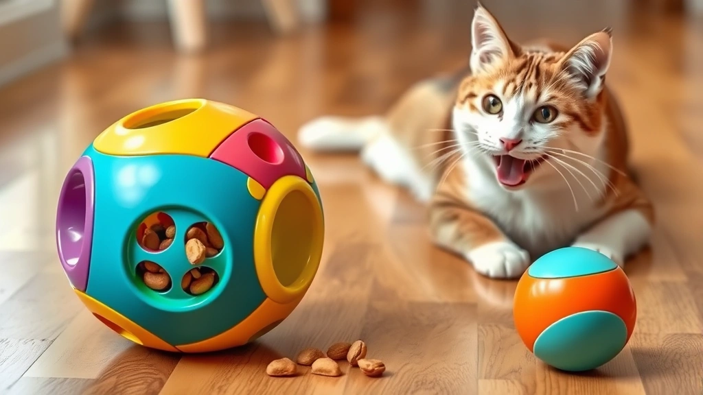 pre-vacation feeding adjustment -
Photorealistic image of a colorful food-dispensing puzzle toy and treat ball on