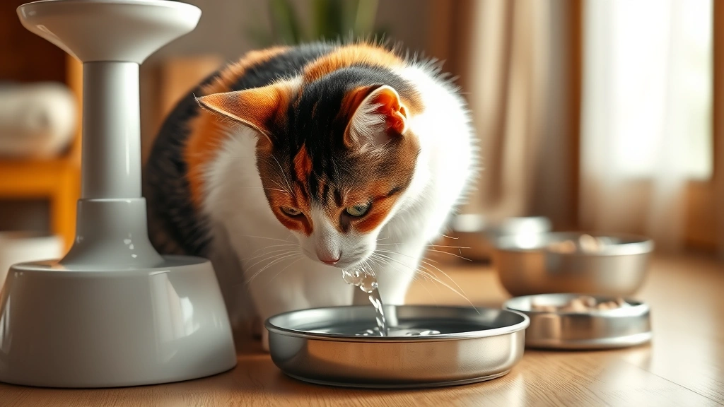pregnant cat feeding -
Photorealistic image of a pregnant calico cat drinking fresh water from a cat f