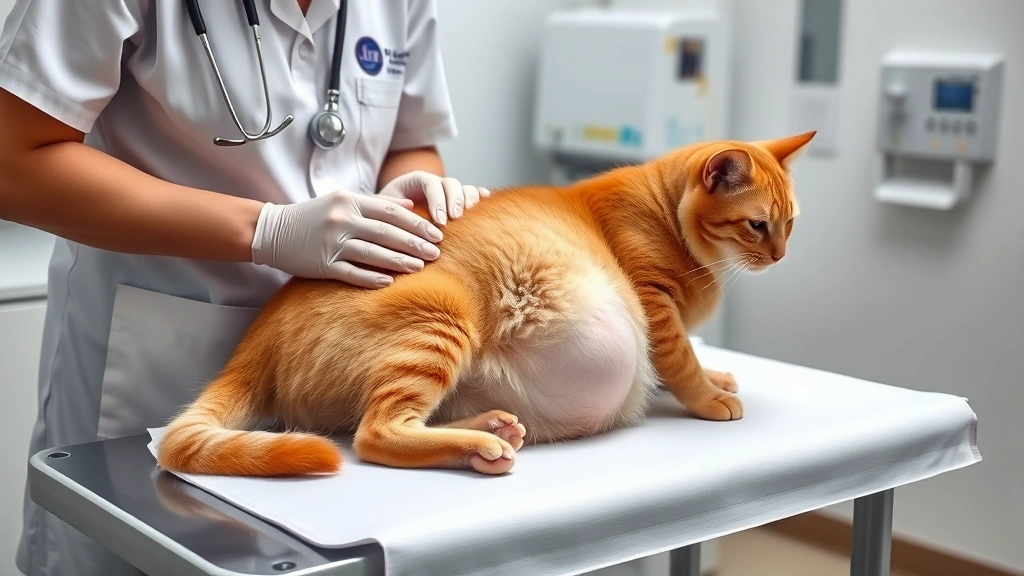 pregnant cat feeding -
Photorealistic image of a veterinarian examining a pregnant orange cat on an ex