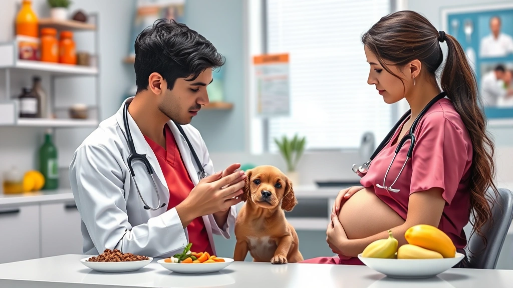 pregnant pet feeding frequency -
Photorealistic image of veterinarian examining a pregnant pet during a nutritio