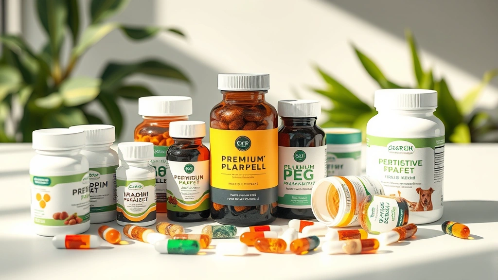 premium pet supplements -
Photorealistic close-up of various premium pet supplement bottles and capsules 