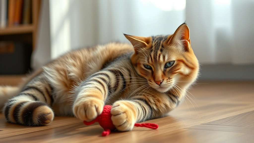 premium pet supplements -
Photorealistic image of a senior cat stretching and playing with a toy
