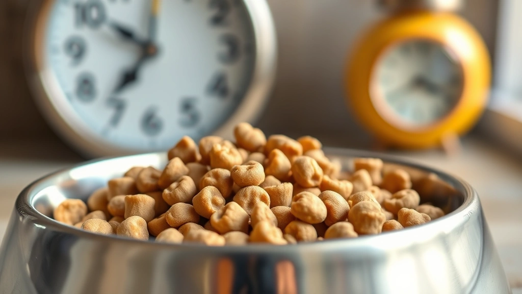 prescription feeding frequency -
Photorealistic close-up of prescription pet food kibble in a stainless steel bo