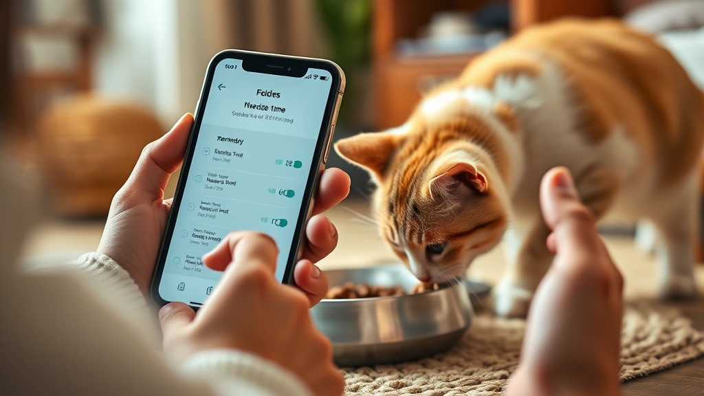 prescription feeding frequency -
Photorealistic image of a pet owner setting phone reminders for feeding times,