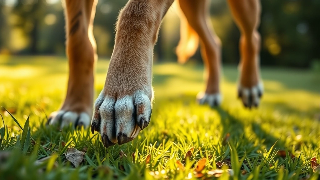 prescription pet supplements -
Photorealistic close-up of an older dog’s paws on grass, showing improved
