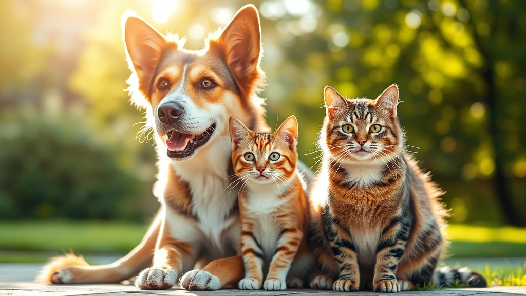 preventative care supplements -
Photorealistic image of a healthy adult dog and cat sitting together outdoors i