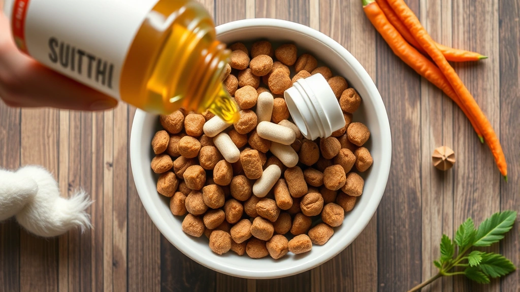 preventative care supplements -
Photorealistic overhead shot of pet supplements being added to a bowl of health