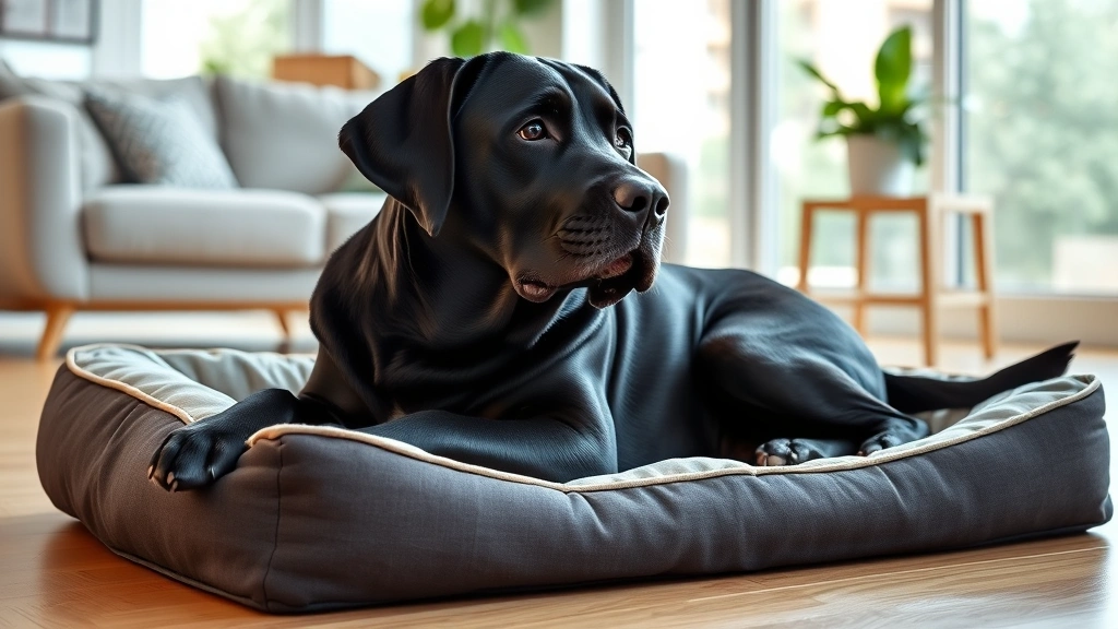 previcox for dogs -
Photorealistic image of a senior black labrador comfortably lying on an orthope