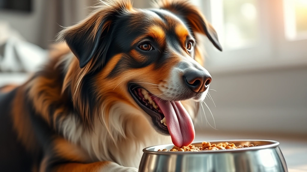primal dog food -
Photorealistic image of a happy, healthy dog with a shiny coat eating from a bo