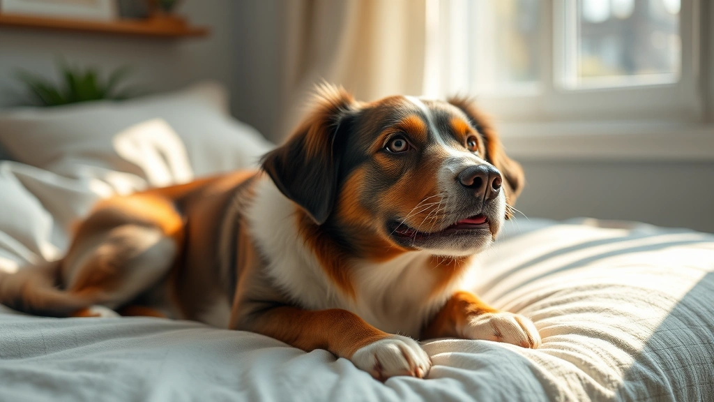 pro pectalin for dogs -
Photorealistic photo of a contented dog lying on a comfortable bed looking reli