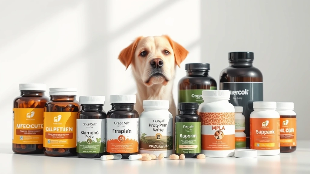 professional-grade pet supplements -
Photorealistic image of various professional-grade pet supplement bottles and c