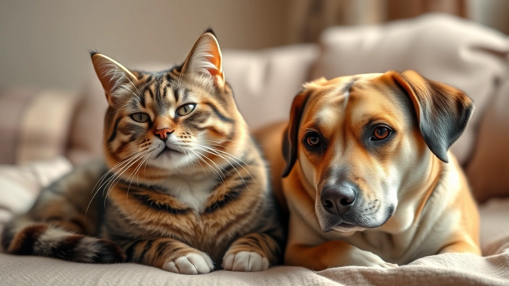 professional-grade pet supplements -
Photorealistic image of a senior cat and dog sitting together peacefully, appea