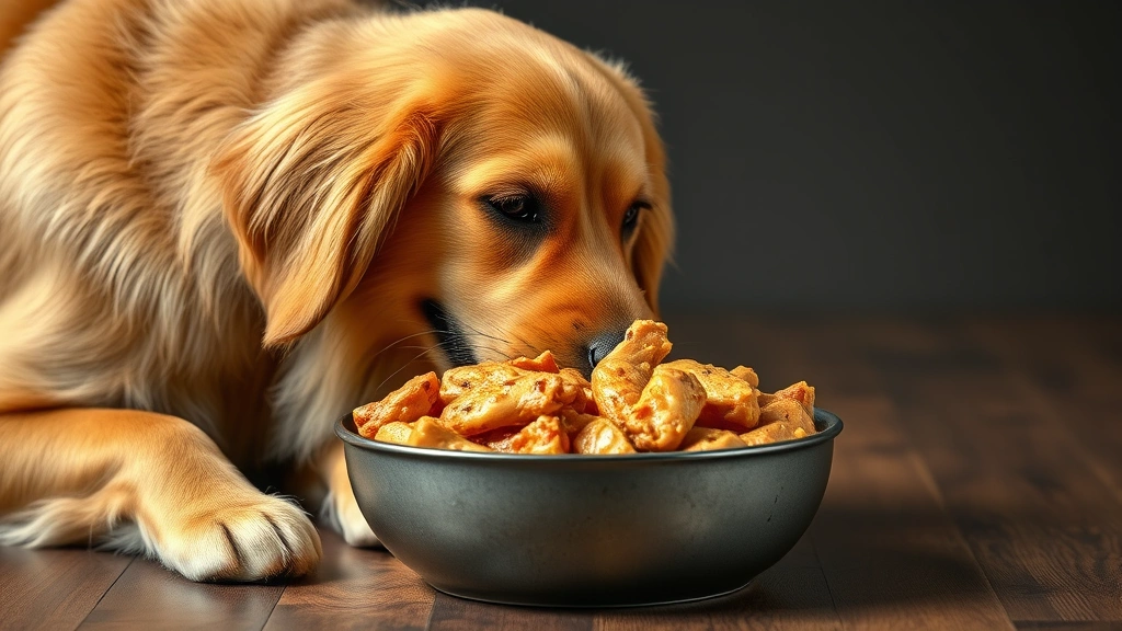 protein sources from human food -
Photorealistic style: A happy golden retriever eating from a bowl containing mi