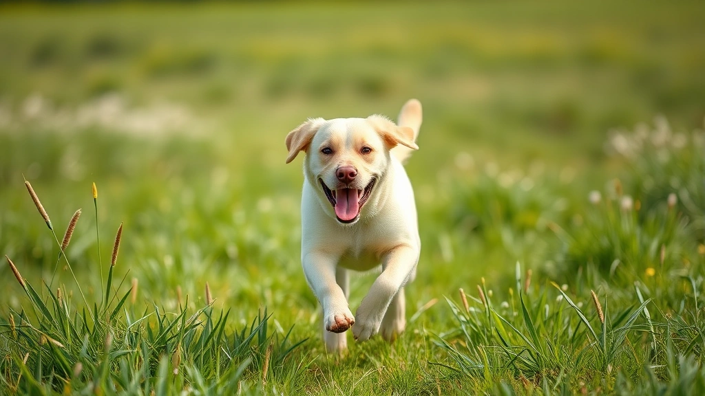 proviable forte for dogs -
Photorealistic photo of a happy labrador running through a grassy field with br