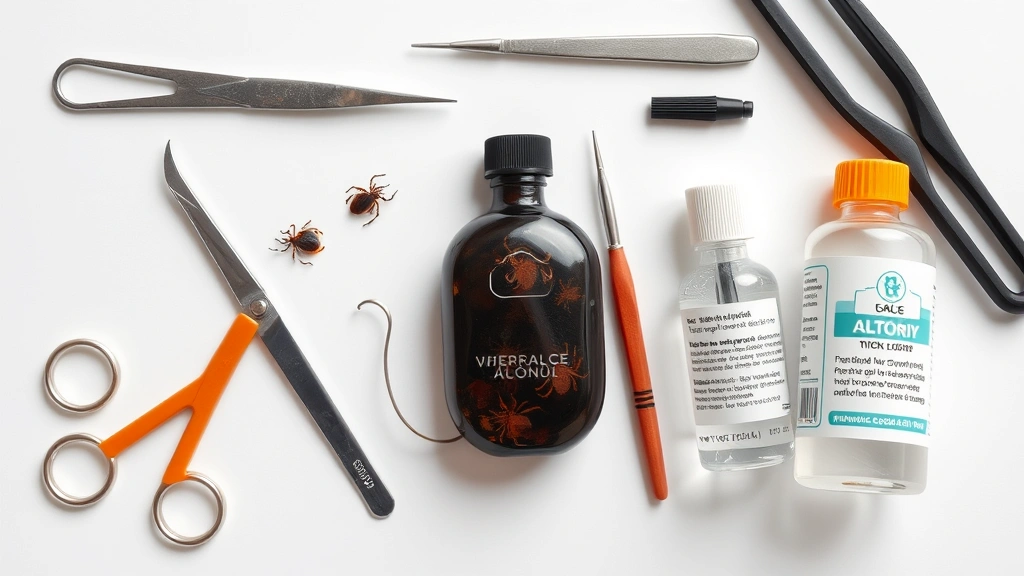 pulling ticks from dogs -
Photorealistic flat lay of tick removal tools and supplies including specialize