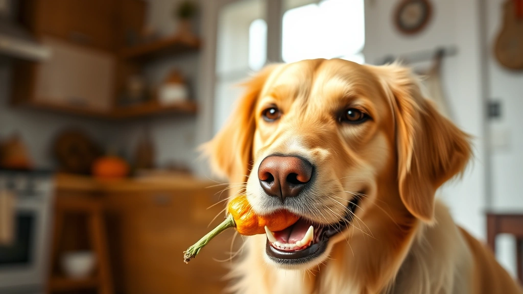 pumpkin dog treats recipe -
Photorealistic close-up of a happy golden retriever mid-chew with a pumpkin tre