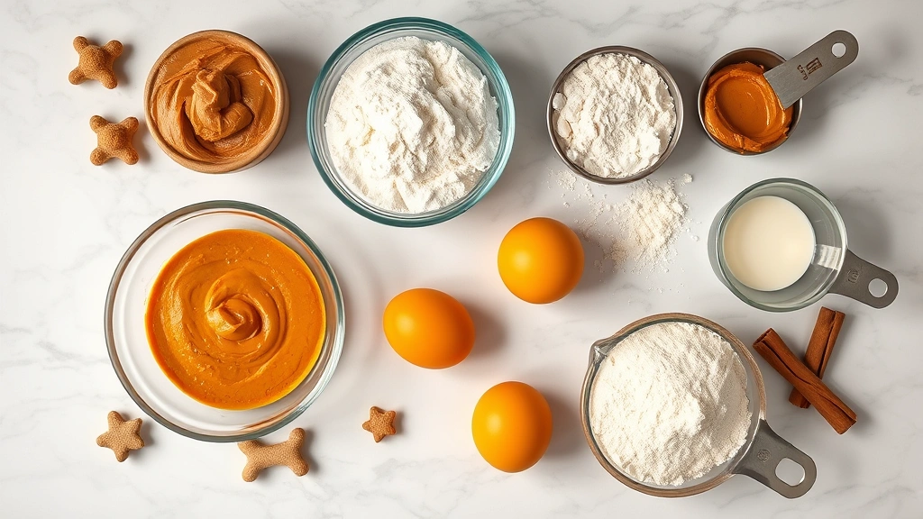 pumpkin dog treats recipe -
Photorealistic flat lay of pumpkin dog treat ingredients arranged on marble cou