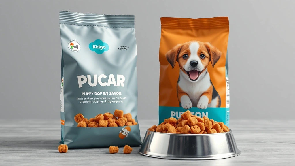 puppy chow dog food -
Photorealistic image of a bag of puppy dog food next to a metal food bowl fille