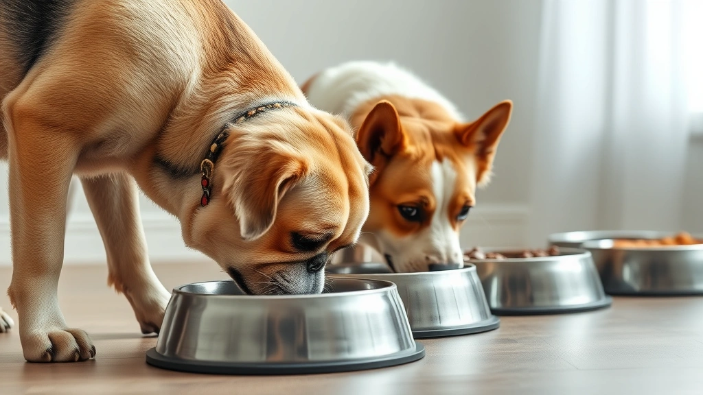 puppy chow dog food -
large breed) eating from their respective bowls