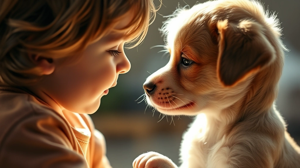 puppy dog eyes -
Photorealistic image of a young child and puppy making eye contact, showing emo