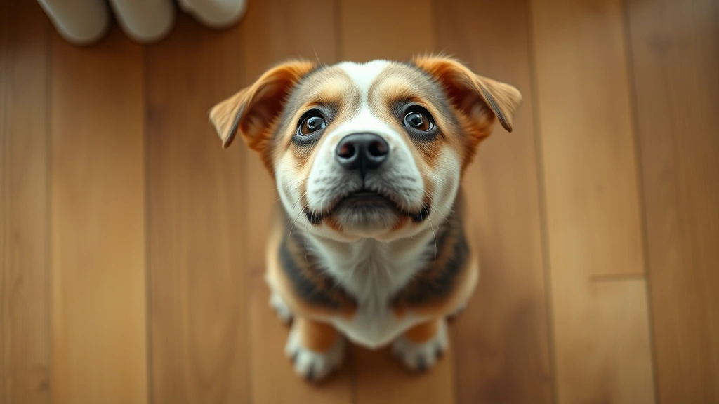 puppy dog eyes -
Photorealistic overhead shot of a small puppy sitting on wooden floor looking u