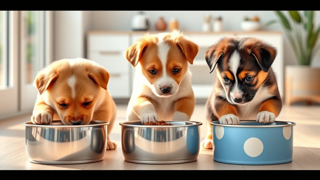 puppy feeding times -
Photorealistic image of three puppies of different breeds eating from their own