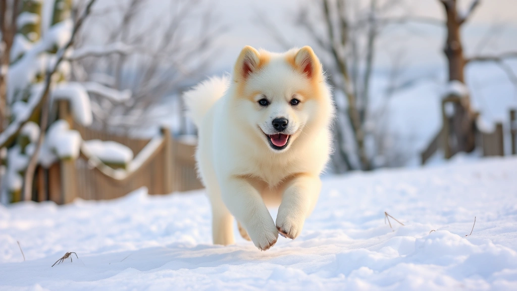 puppy samoyed dog -
Young Samoyed puppy playing outdoors in snowy landscape