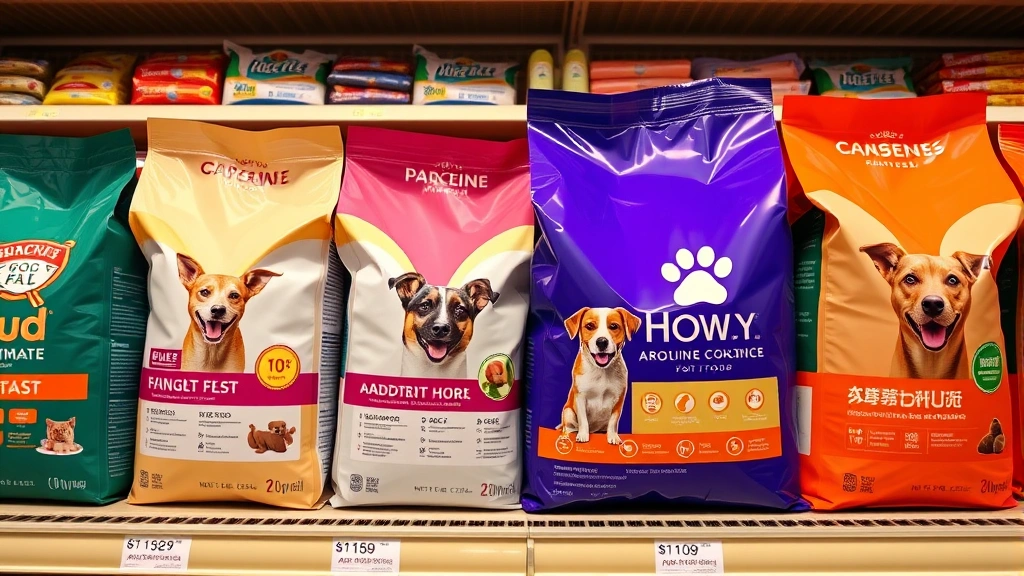 purina beneful dog food -
Photorealistic side-by-side comparison of different dog food bags on a pet stor