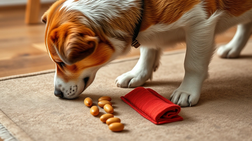 puzzle feeders for dogs -
Photorealistic image of a dog sniffing and foraging through a snuffle mat with 