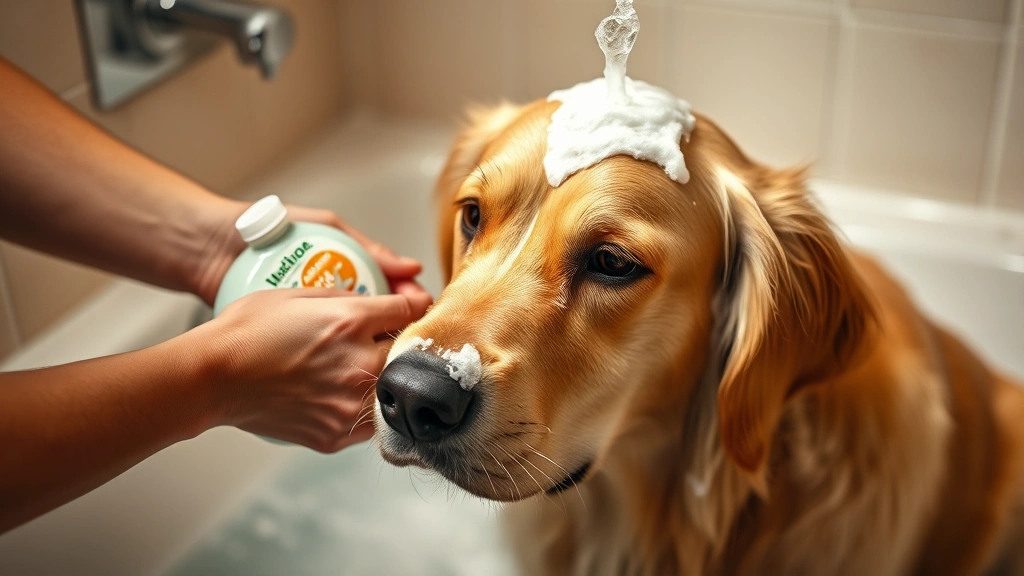 pyoderma in dogs -
Golden retriever being bathed with medicated shampoo by owner’s hands, ph