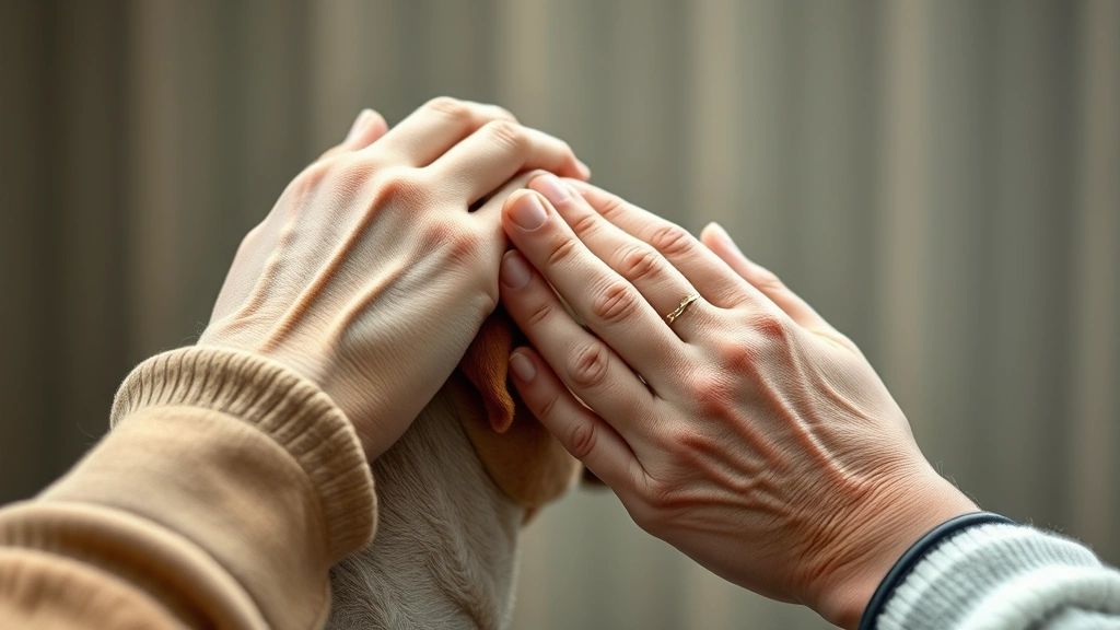 quotes about dogs -
An elderly person’s hand gently touching a dog’s head during a quie