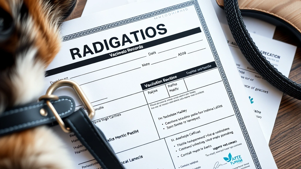 rabies shots for dogs -
Photorealistic close-up of a veterinary rabies vaccination certificate and medi