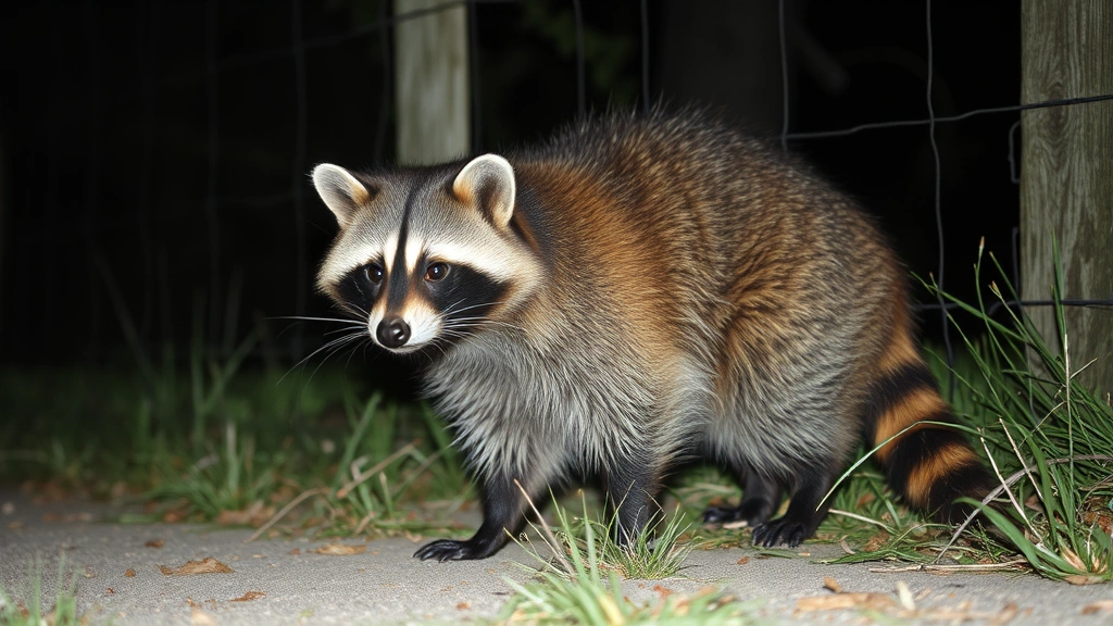 rabies symptoms in dogs -
Photorealistic image of a wild raccoon in a nighttime outdoor setting near a fe
