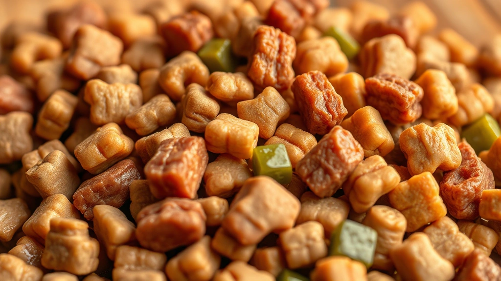 rachael ray nutrish dog food -
Photorealistic close-up of dog food kibble pieces showing real meat chunks and 