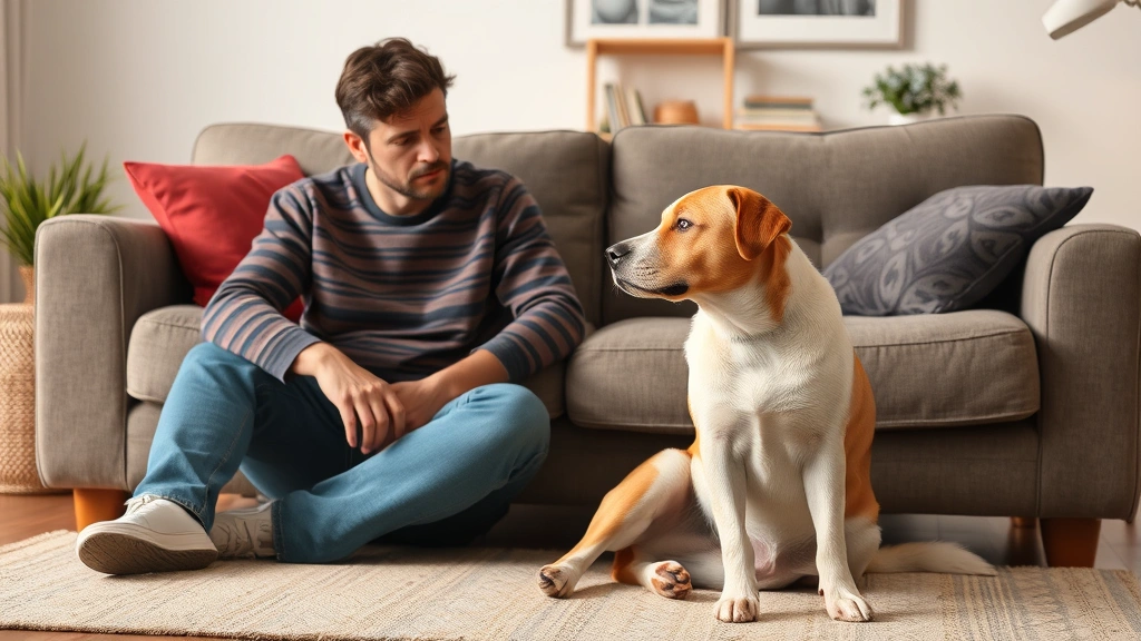 rage syndrome dogs -
Photorealistic photograph of a concerned dog owner sitting with their anxious d