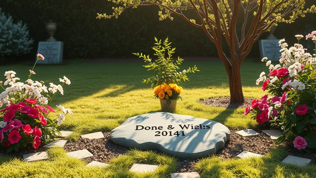 rainbow bridge for dogs -
Photorealistic image of a peaceful dog memorial garden with a stone marker surr