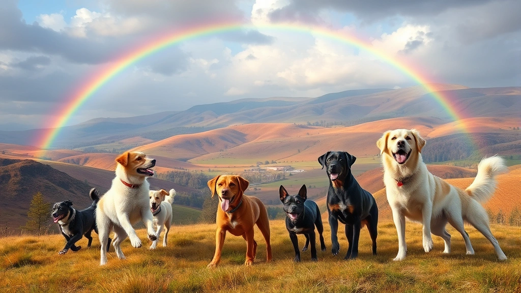 rainbow bridge for dogs -
Photorealistic image of a serene landscape with a rainbow arching over rolling 
