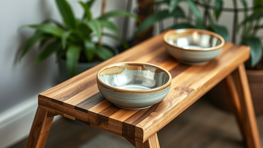 raised feeding platforms -
Close-up of an adjustable bamboo raised feeding platform with ceramic bowls