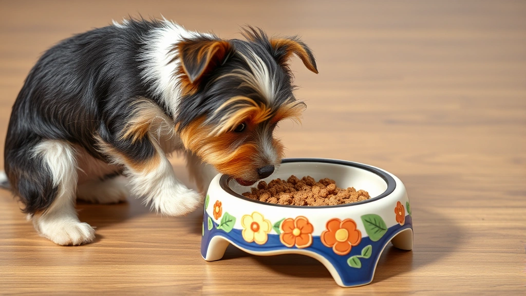 raised feeding platforms -
A small terrier happily eating from a colorful ceramic elevated feeder with sto