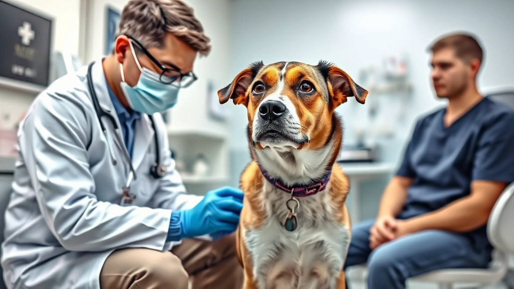 raisins and dogs -
Photorealistic image of a veterinarian examining a concerned-looking dog while