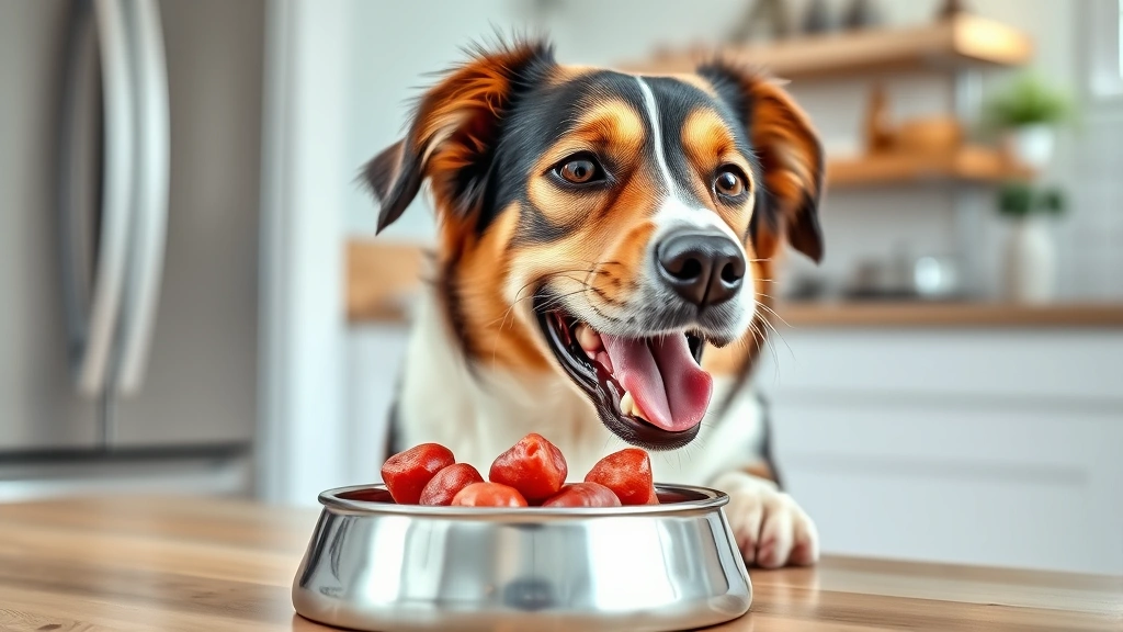 raw feeding schedule -
Photorealistic image of a happy healthy dog eating raw food from a stainless st