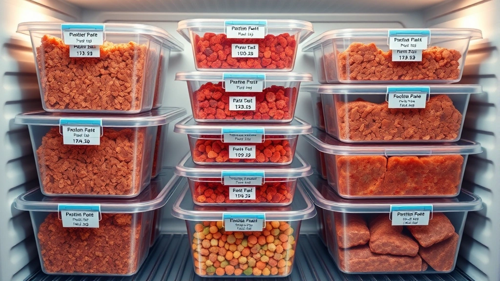 raw feeding schedule -
Photorealistic photo of organized meal prep containers with portioned raw pet f