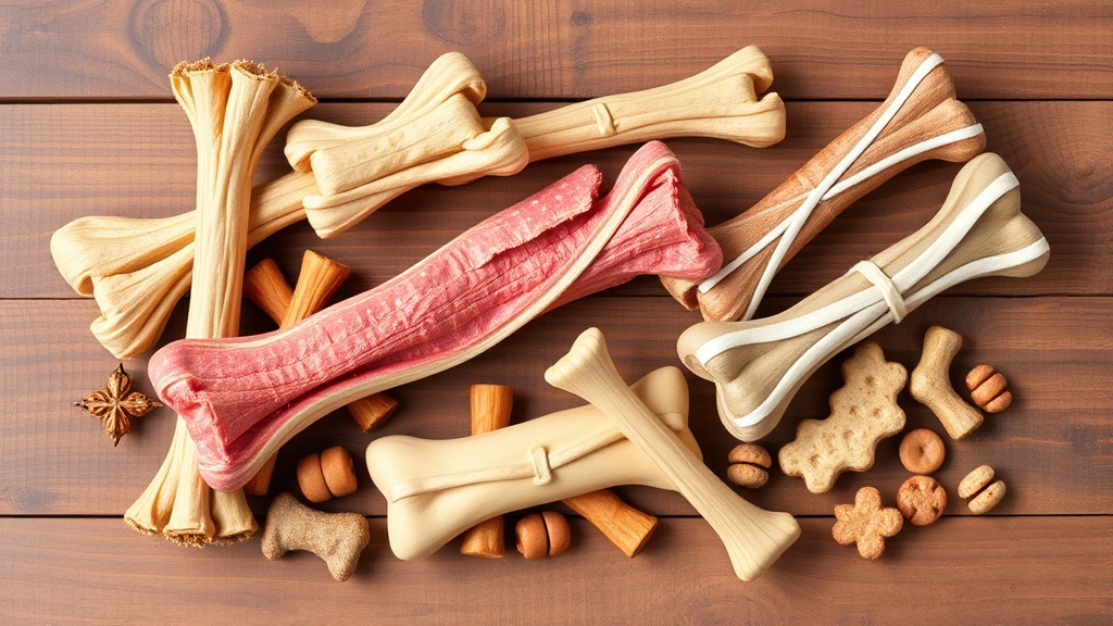 rawhide for dogs -
Various dog chew toys and treats arranged on a wooden surface including rawhide