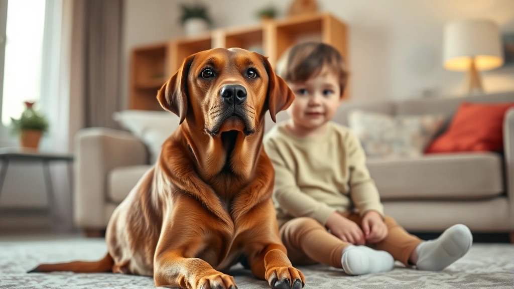 rca dog -
A brown labrador retriever sitting attentively next to a child in a living room