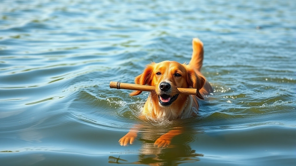 rca dog -
A retriever-type dog swimming in a lake with a stick in its mouth, displaying w