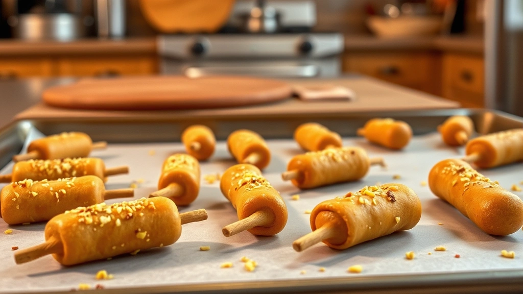 recalled corn dogs -
Photorealistic image of homemade dog treats cooling on a baking sheet, includin