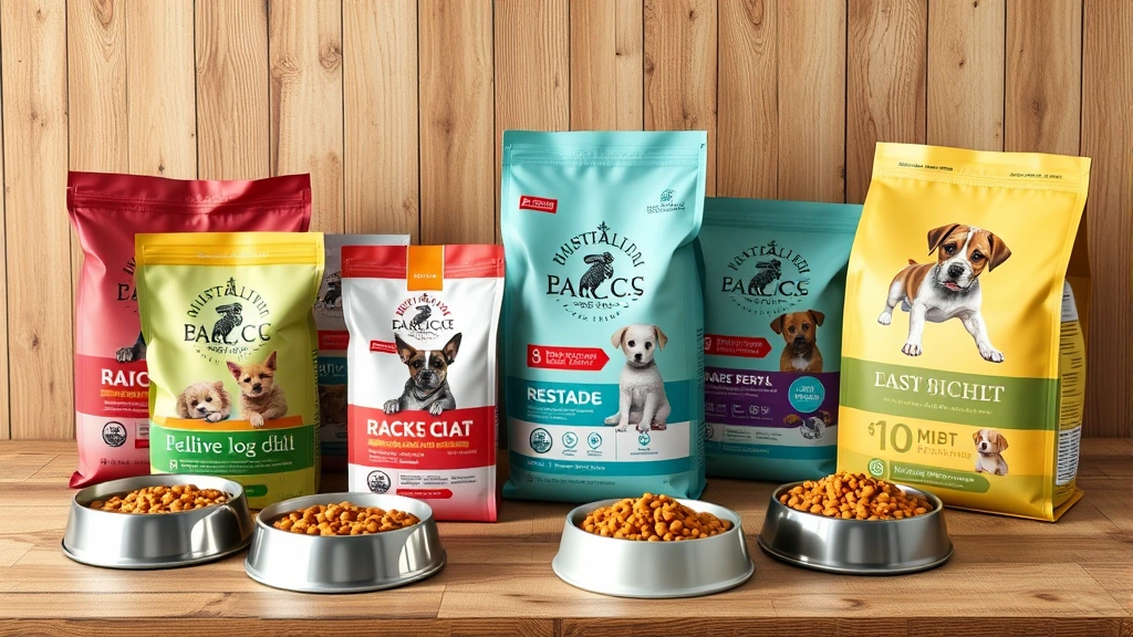 recommended senior dog food -
Photorealistic image of various premium dog food bags and bowls arranged on a w