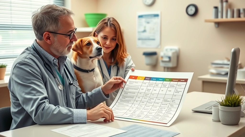 recovery feeding schedule -
Photorealistic image of a veterinarian and pet owner reviewing a feeding chart 
